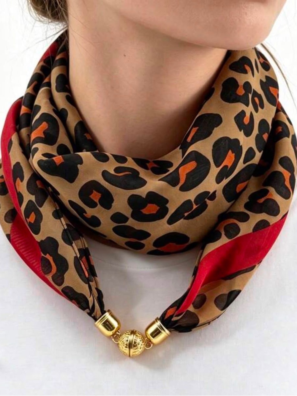Leopard Print Scarf Necklace in Brown, Black & Red